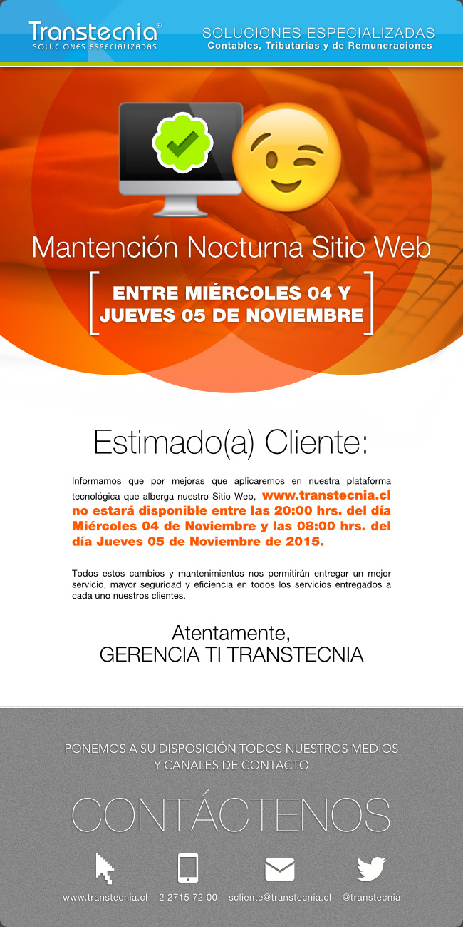 Transtecnia - Mantención nocturna Sitio Web. Entre Miércoles 04 y Jueves 05 de Noviembre