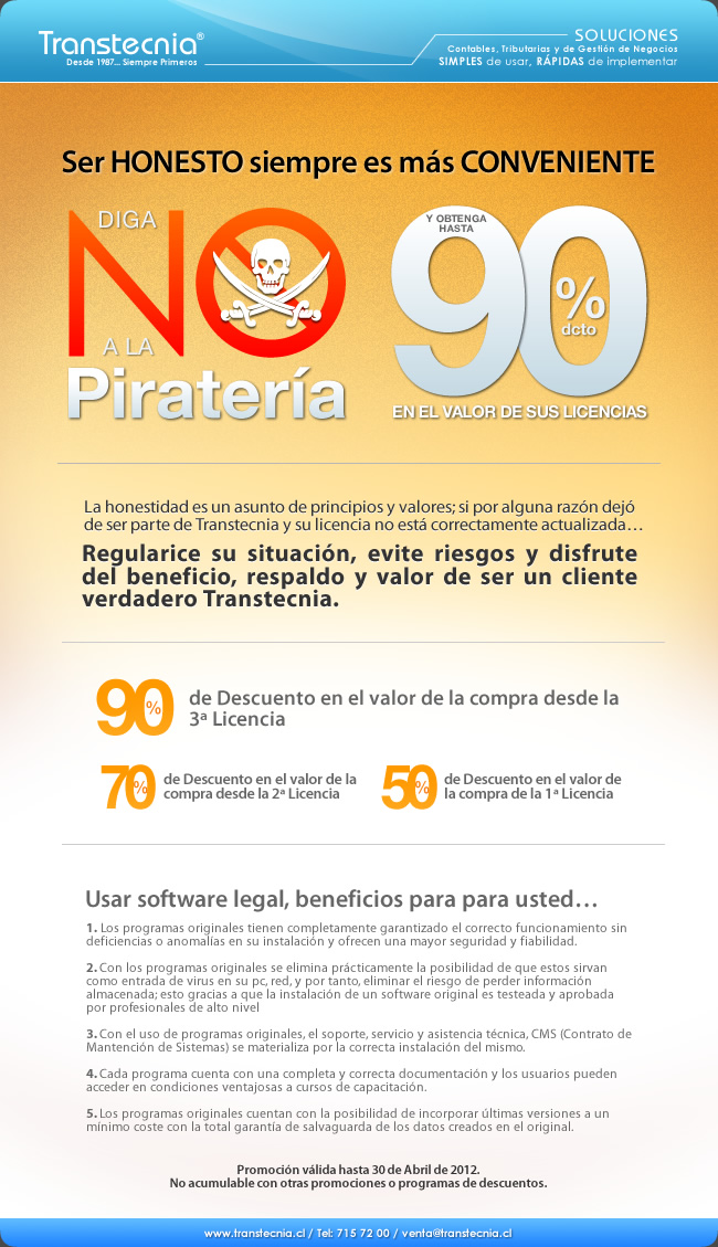Transtecnia - Ser Honesto siempre es más Conveniente, diga No a la piratería y obtenga hasta 90% de descuento en el valor de sus licencias