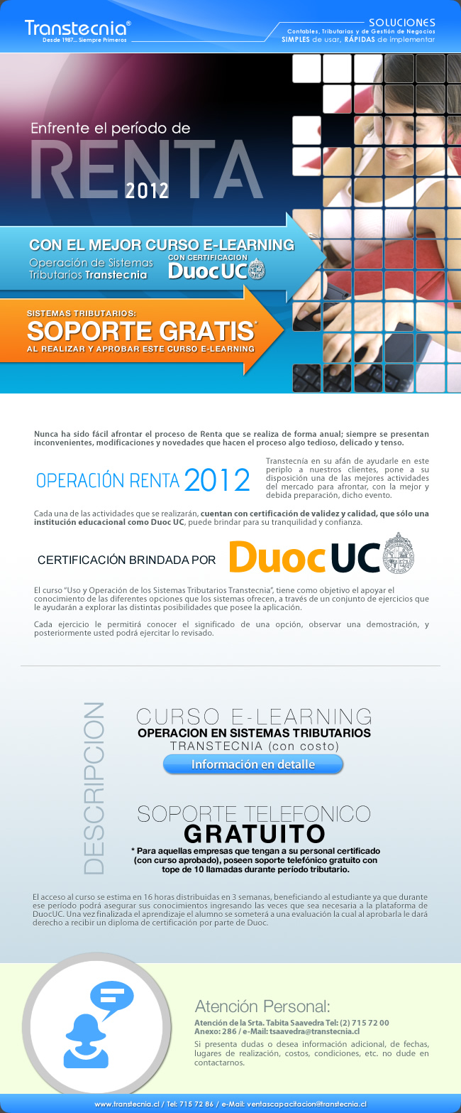 Transtecnia - Enfrente el período Renta 2012 con el mejor Curso E-Learning y Soporte Telefónico Gratuito*