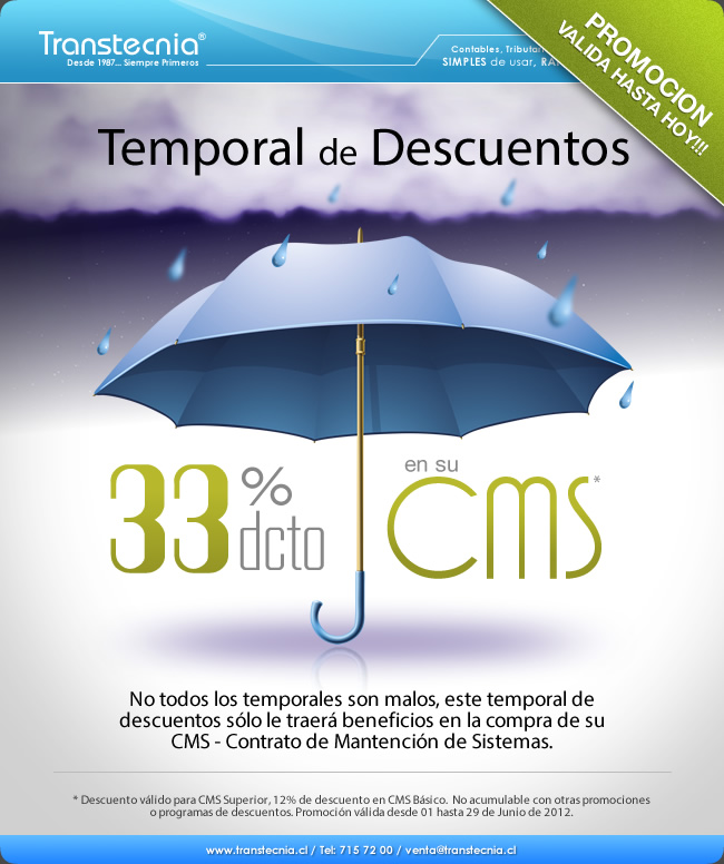 Transtecnia - Temporal de Descuentos. 33% de Descuento en CMS durante Junio