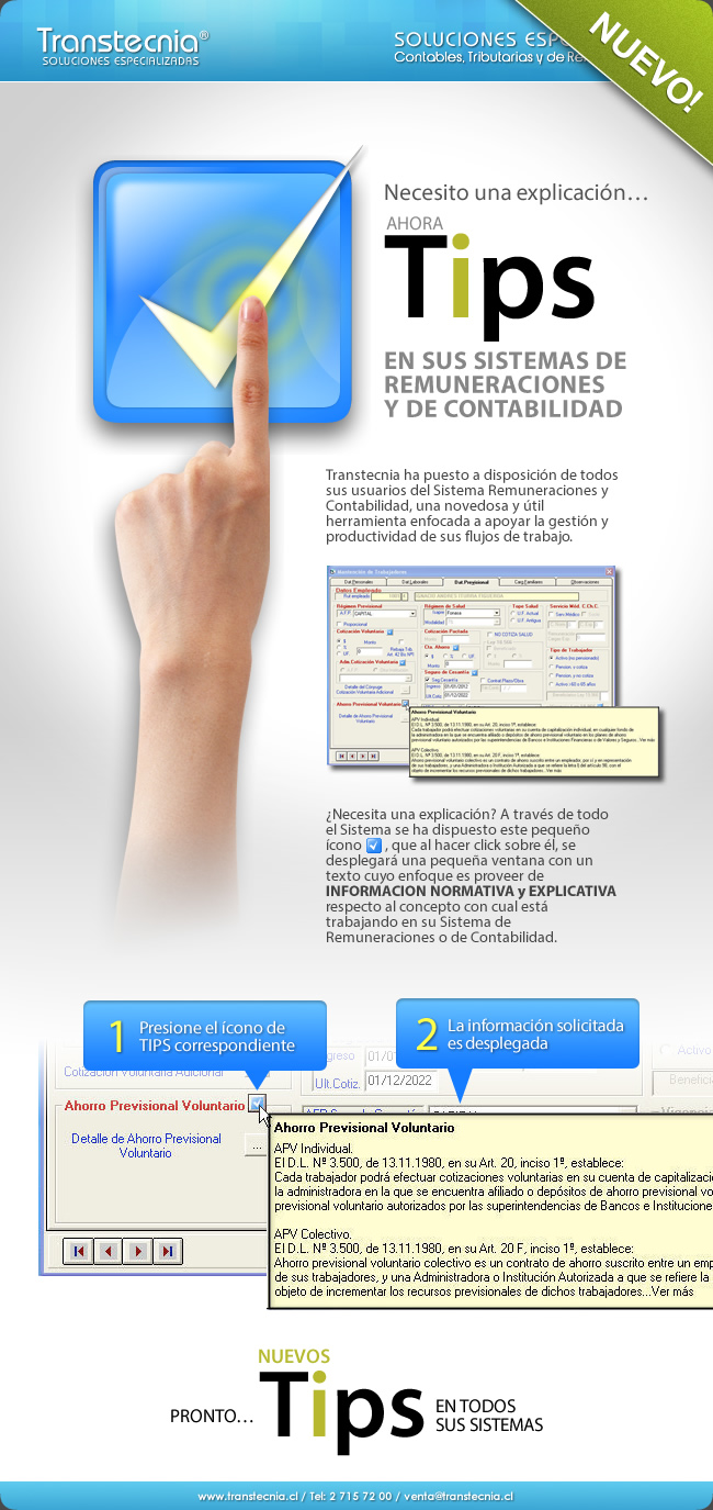 Transtecnia - Nuevos Tips: Importante apoyo a todos nuestros clientes en nuestros Sistemas de Remuneraciones y de Contabilidad