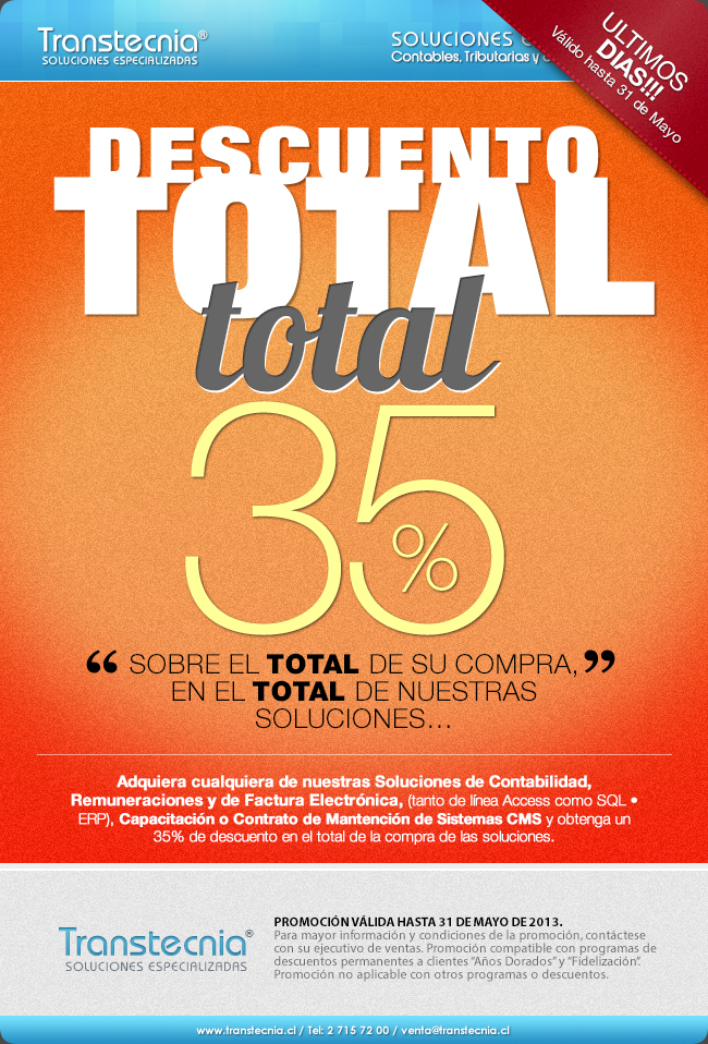 Transtecnia - Descuento Total Total. 35% en el Total de su compra, en el Total de nuestras Soluciones